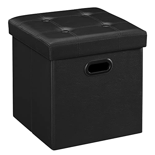 SONGMICS MAZIE Collection - 15 Inches Ottoman with Storage, Footstool, Storage Ottoman with Metal Grommet Handles, Load 660 lb, for Dorm, Living Room, Bedroom, Synthetic Leather, Black ULSF3