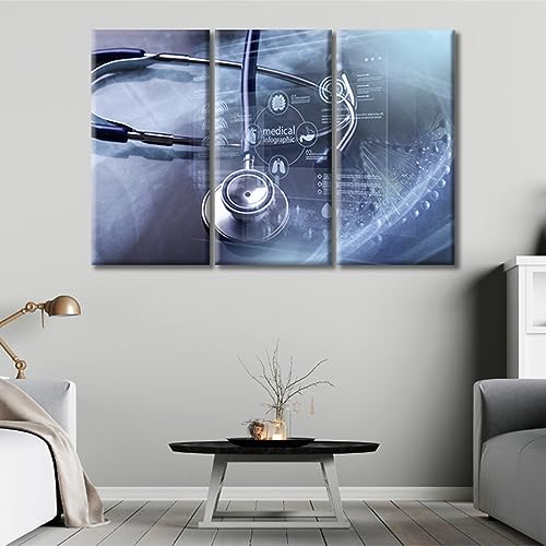 Image of 3 Panels Stethoscope and Medical Framed Wall Art Modern Medicine Cardiology Concept Posters & Prints Wall Art for Living Room Giclee Wooden Framed Gallery-Wrapped Ready to Hang (36 inch Wx24 H)