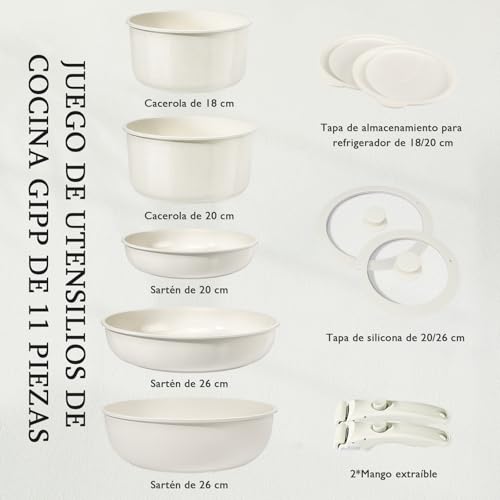 Miniatura 2 de Gipp Juego De Ollas Y Sartenes Cerámicas Antiadherente - Juego De Cocina Con Mangos Desmontables, No Tóxico, Apto Para Inducción, Horno Y Lavavajillas Blanco 11pcs