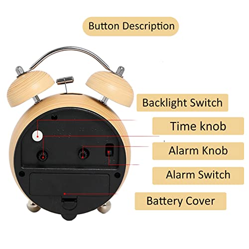 Justup Silent Table Alarm Clock, 3.5 Inch Creative Wood Grain Metal Clock With Backlight, Battery Powered Analog Clock With Hd Glass, Decor Twin Bell Clock For Bedroom Living Room Office (Khaki) #TOP4