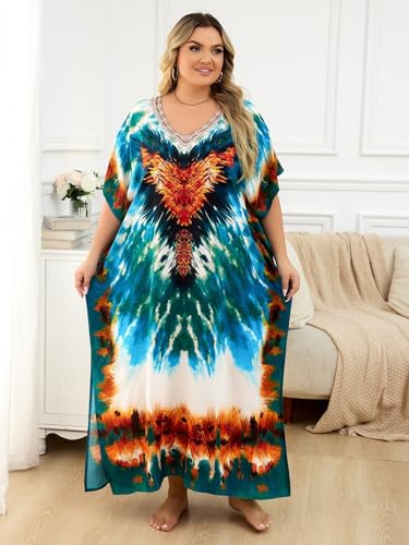 Image of KECVOT Kaftan Dresses for Women V-Neck Print Swimsuit Cover Up Plus Size Beach Caftan Lounge Dress