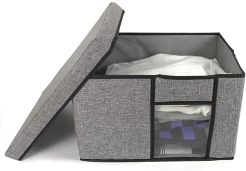 Image of SHIBUI Foldable Fabric Storage Bins with Lid, Clear Window, and Handles - Durable & Stackable Storage Solution for Home and Office - 16x12x10 inches.