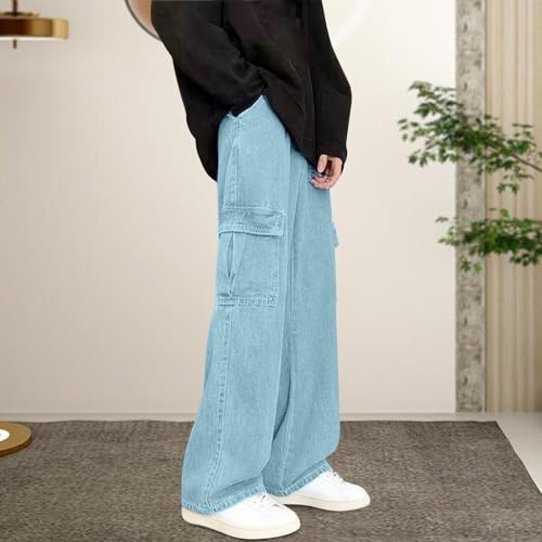 Straight Leg Jeans for Men Drawstring Elastic Waist Pocket Cowboy Pants Fashion Solid Long Trousers Breathable2