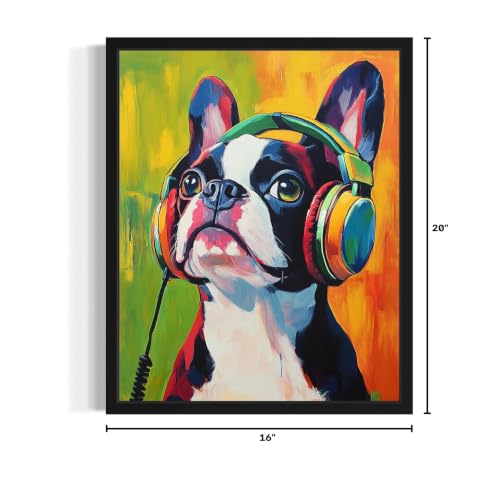 Image of Boston Terrier Music Headphone Black Framed Wall Art Print Poster, Dog Pet Lover Picture Painting Artwork Bedroom Living Room Office Dining Room 150D (Boston Terrier Music Headphone, 20 inchL x 16 inchW, Black Frame)