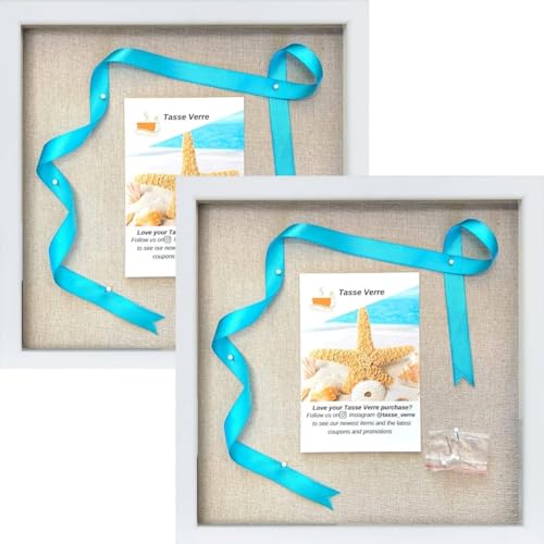 Image of Tasse Verre 12x12 White Display Shadow Box (2-Pack) Frame w/Linen Background and 16 Stick Pins - Ready to Hang Shadowbox Picture Frame - Box Display Baby Memorabilia Wedding