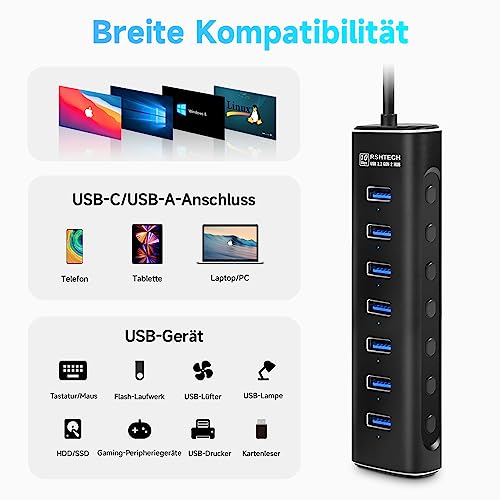 Image of USB 3.2 Hub Active with Power Supply, RSHTECH Aluminium USB Hub 3.1 Gen2 with 7 x USB 3.2 Data Ports (10 Gbps), 2-in-1 Data Cable (Type A & C, 100 cm), 24 W (12 V /2 A) Power Supply, 7-Port Data Hub
