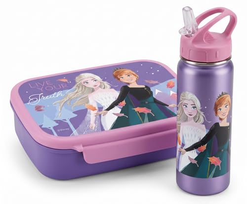 Diakakis Disney La Reine des Neiges Boîte à déjeuner en acier inoxydable 500 ml Ensemble repas sans BPA pour l'école et les voyages