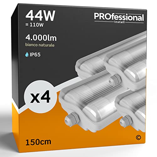 4x Plafoniere IP65 Impermeabile 44W Trasparente 4000 Lumen + 2 Tubi LED da 150cm - Luce Bianco Naturale 4000K - Fascio Luminoso 120° - Sostituzione Neon