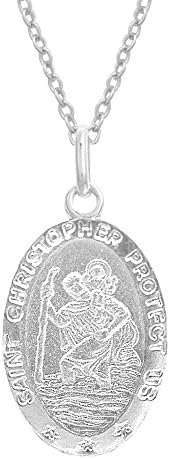 Ritastephens Italian Sterling Silver Small Oval Saint St Christopher Medal Charm Pendant Necklace, 16x11mm, 18"