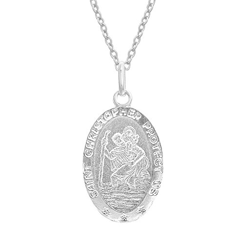 Ritastephens Italian Sterling Silver Small Oval Saint St Christopher Medal Charm Pendant Necklace, 16X11Mm, 18" #TOP2