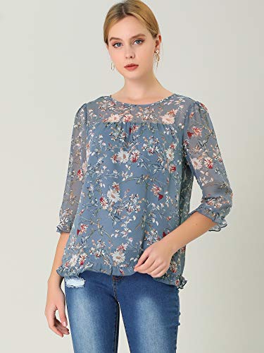 Allegra K Chiffon Blouses for Women Casual 3/4 Length Sleeve Floral Tops2