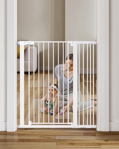 COMOMY 107 cm Extra Hoch Türschutzgitter, 75-103 cm Breit Treppenschutzgitter ohne Bohren, Türgitter für Baby, Kinder, Hund und Katze, Metall, Automatisches Schließen, 90°Stop (Weiß) COMOMY 107 cm Extra Hoch Türschutzgitter, 75-103 cm Breit Treppenschutzgitter ohne Bohren, Türgitter für Baby, Kinder, Hund und Katze, Metall, Automatisches Schließen, 90°Stop (Weiß)