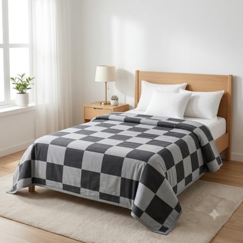 Image of Single Bed Dohar Modern Grey Check | Lightweight Summer Quilt | Soft Microfiber AC Blanket | Breathable All Season Comforter | Skin Friendly Bed Cover