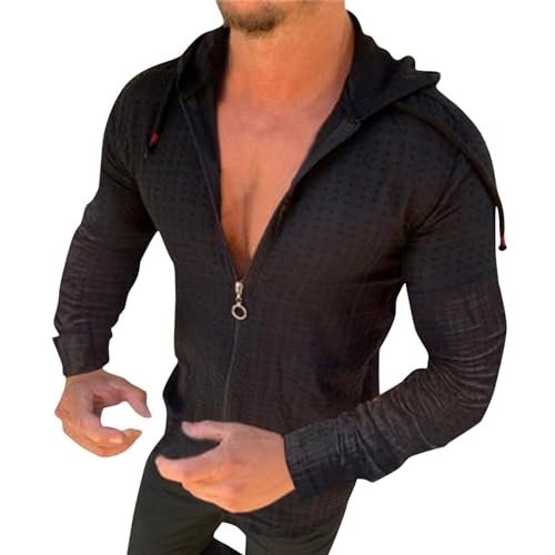 Trendy Hoodies for Men Long Sleeve Hoodie Summer Full Zip-Up Swiss Dot Drawstring Hooded Cardigan Tops Beach T Shirts
