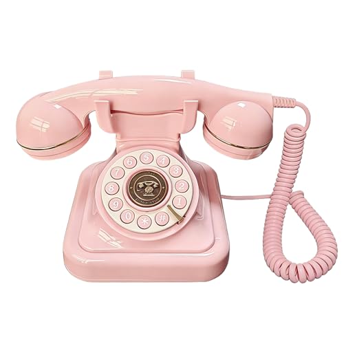 Teléfono vintage rosa con cable tradicional y formato clásico europeo de dimensiones 9.1x5.9