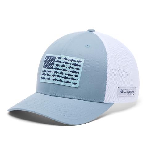 Image of Columbia Unisex PFG Fish Flag Mesh Ball Cap, Dockside Blue /White /US Fish Flag, L /XL