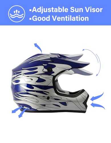 TCT-MOTORPARTS DOT Youth Kids Dirt Bike Full Face Helmets Motocross ATV Offroad Four Wheeler Helmet Blue Flame Small Size - Thumbnail 5