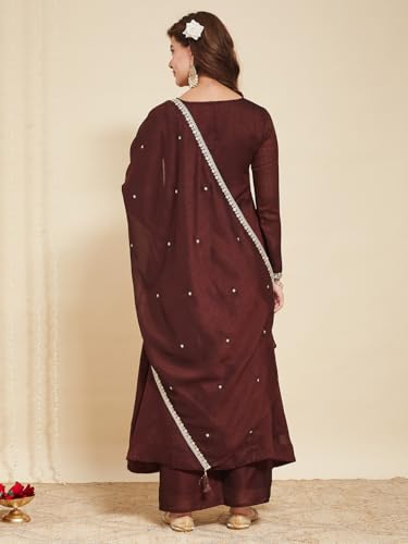 Image of MOKOSH Women's Silk Embroidery Anarkali Kurta Pant with Dupatta | Anarkali Kurta Set | Round Neck Full Sleeve Ethnic Suit | Indian Kurta Outfit with Pant | 3 Piece Outfit