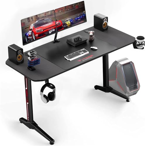 VITESSE Ergonomic Gaming Desk 55 Inch, T Shaped Office PC Computer Desk with Desk Mouse Pad, Gamer Tables with Gaming Handle Rack, Cup Holder Headphone Hook