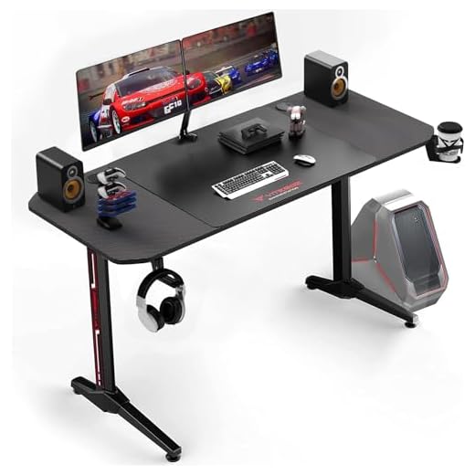 VITESSE Ergonomic Gaming Desk 55 Inch, T Shaped Office PC Computer Desk with Full Desk Mouse Pad, Gamer Tables with Gaming Handle Rack, Cup Holder Headphone Hook