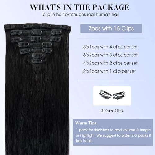 Frealhd Clip in Hair Extensions Real Human Hair, 14 Inch 100% Remy Seamless Straight Clip ins for Women, 1B Natural Black 7pcs 120g, Thick & Soft, Long-lasting & Natural Look — view 2
