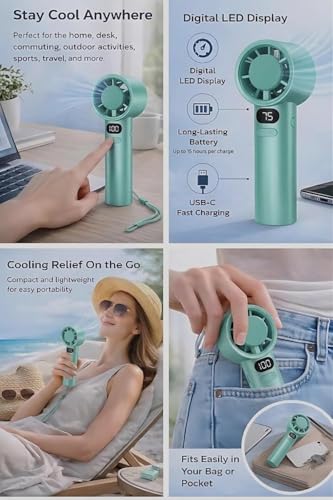 Image of Portable Handheld Fan 120 Speed Stepless Adjustable Mini Turbo Fan, Rechargeable 1800mAh Battery, LED Digital Display, Type-C Fast Charging Desk Fan for Travel & Office (Multi-Color)