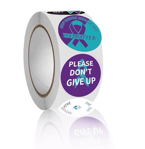 500PCS Suicide Prevention Awareness Stickers,Suicide Awareness Teal Purple Ribbon Party Favors Roll Sticker Gifts Bags Labels for Anti Bullying Prevention School Party Decorations.