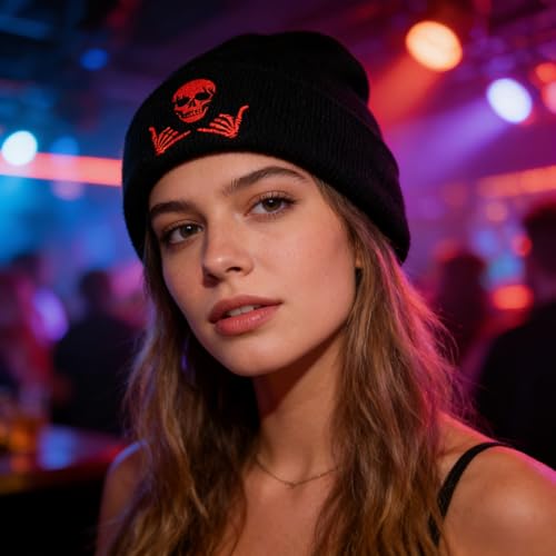 Image of Embroidered Skeleton Beanie Hat Winter Stretch Knit Skull Cap for Men Women