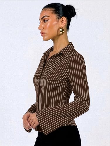 Image of Aahwan Striped Button Down Flared Bell Long Sleeve Casual Shirt for Women's & Girl's