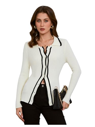 Image of Verdusa Women's Ribbed Knit Button Down Cardigan Collared Fitted Elegant Sweater Outerwear White Medium