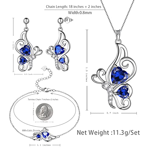 Blue Butterfly Heart Jewellery Sets Women 925 Sterling Silver Animal Butterflies September Created Sapphire Birthstone Sapphire Necklace/Earring/Bracelet Set Crystal Wedding Birthday Jewelry Ds0100S #TOP2