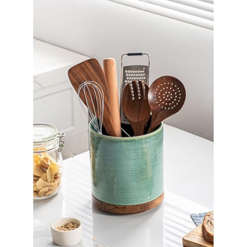 Image of Utensil Holder, 360 Rotating Extra Large Ceramic Kitchen Utensil Holder for Countertop, 7.3 inch Cooking Utensil Crocks for Kitchen Counter with Rotatable Wooden Base, Farmhouse Decor, Forest Green