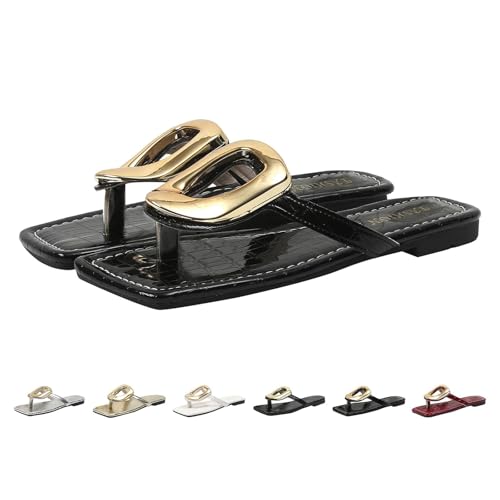 Flip-Flops for Women Thong Sandals Flat,Black and Gold Sandals,Beach Sandals Casual Slide Shoes,Square Open Toe Dressy Summer Sandals,Slipper Slip on Leather Slides Metal Hardware Decoration