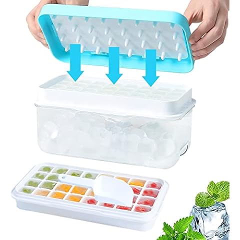 LINGLAN Food-Grade Silicone Ice Cube Tray with Lid and Storage Bin for Freezer, One Second-Release 32 Small Nugget Ice Tray with Spill-Resistant Cover&Bucket (Blue) Cover