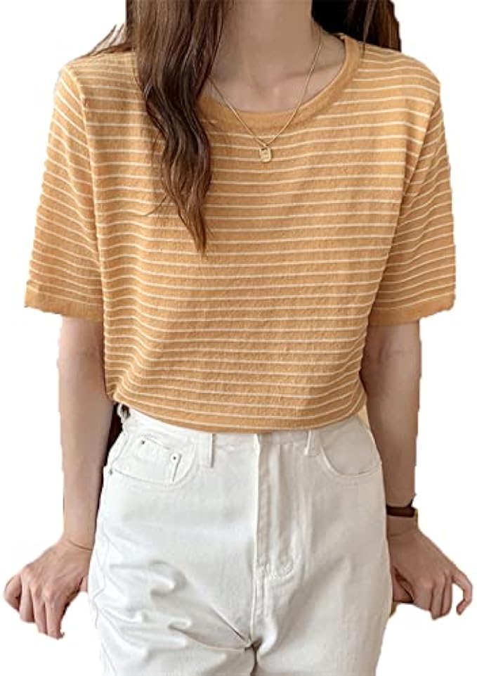 Classic Striped T Shirt Women Summer Casual Loose O Neck Short Sleeve Tees Female Korean All-Match Cotton Basic Tops Girls