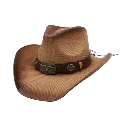 Image of Mens Straw Cowboy Hat Unisex Western Beach Sun Hat for Men Women Wide Brim Fedora Hat Cowgirl Hats Summer Panama Hat