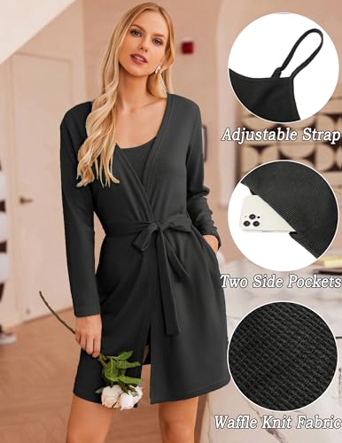 Image of Ekouaer Pajamas for Women Set 3 Piece Lounge Set Soft Pajama Sets Waffle Knit Tank Top and Shorts Cardigan with Pockets S-XXL