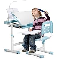 Rengue Kids Desk and Chair Set, Height Adjustable Children School Functional Study Desk with 55° Tiltable Desktop, 3 Modes & Brightness LED Light, Storage Drawer & Metal Hook for Boys Girls (Blue)