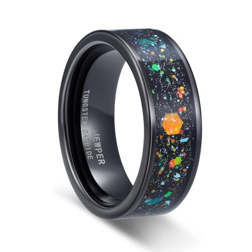 JEWPER Tungsten Rings for Men 8mm Black/Silver/Gold Fashion Promise Wedding Band Hammered Groove Meteorite Orbo Carbide Beveled Polished Edge Comfort Fit(9)