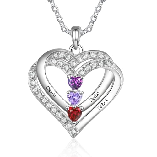 Collana Donna Argento 925 Collana Personalizzata con nome e pietra di nascita Collana dell'amore Regalo per la festa della mamma San Valentino Natale (3 STONE)