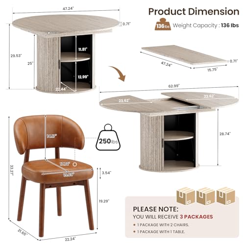 Image of MALOL 47 inch-63 inch Extendable Round to Oval Dining Room Table Chairs Set for 4-8, Modern Wooden Kitchen Table and Chairs with Hidden Storage and Fluted Design for Dining Room /Small Space(White and Brown)