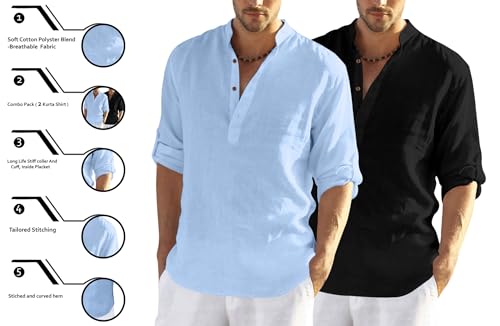 Image of Zombom Men's Combo Cotton Polyester Blend Solid Full Sleeve Straight Regular Fit Mandarin /Chinese Collor Kurta (Pack of 2)