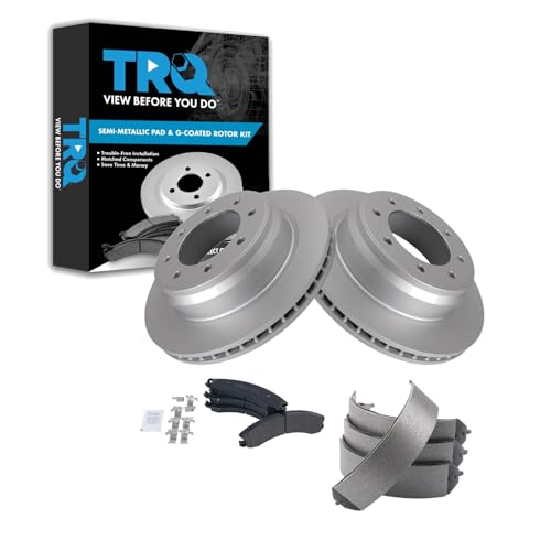 Image of TRQ Rear Brake Pad and Rotor Set Semi Metallic Coated Rotors Parking Shoe Compatible with 2012-2019 Nissan NV1500 2012-2019 NV2500 2012-2019 NV3500