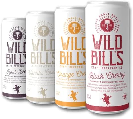Wild Bill's - 4-Flavor Soda Variety Sampler, Root Beer + Vanilla Cream + Black Cherry + Orange Cream, Pure Cane Sugar, NO High Fructose Corn Syrup, Caffeine Free, Gluten Free, Vegan (12 oz, 12-Pack)
