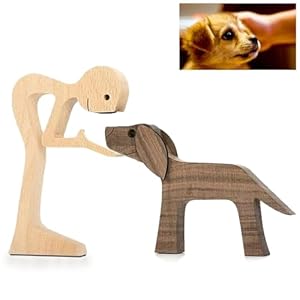Handcrafted Wooden Boy with Dog Sculpture Flat Carved Pet Figurine Rustic Home Accents for Office Desk Mantelpiece Unique Gift