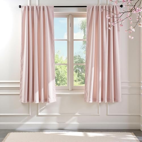 Image of Dusty Pink Velvet Curtains Romantic Rod Pocket 52x72 Inch 2 Panels | Soft Velvet, Light Filtering, For Small Windows, Kitchens & Bathrooms, Light Shifting Texture, Elegant Drape, Soft Luxury