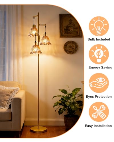 Image of Lightdot Glass Floor Lamps for Living Room, 3-Light Dimmable Floor Lamp with Amber Glass Shade& E12 Bulbs Included, Mid Century Standing Tall Lamp with 5Lbs Heavy Base for Bedroom /Sofa Beside-Gold