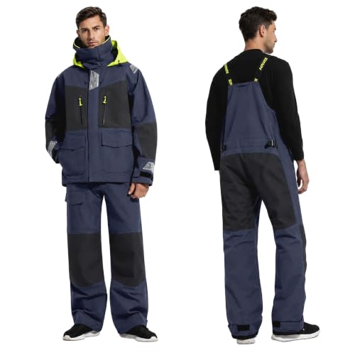 Image of Men's PRO Offshore Sailing Suit, Waterproof Jacket & Bib Pants | 3-Layer Fabric, Hi-Vis Hood, Reinforced Hips And Knees, Adjustable Suspenders, Reflective Safety Details