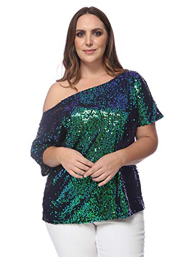 Anna-Kaci Women's Plus Size Sequin One Shoulder Short Sleeve Party Top, Mermaid, X-Large