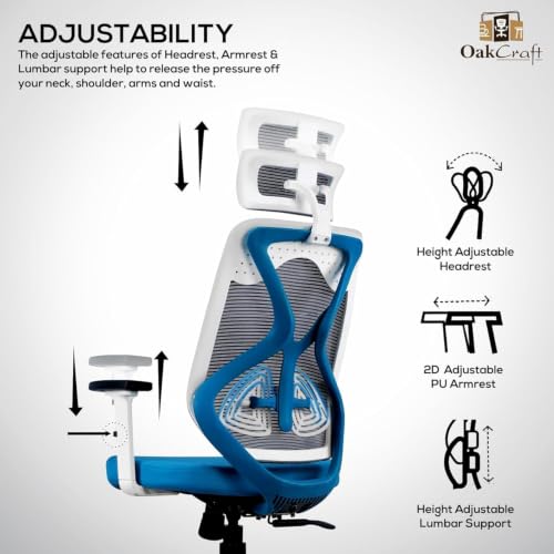 Image of Oakcraft Cyclone Ergonomic Office Chair with Multi-Lock Tilt, Seat Slider, Dynamic Lumbar Support, 4D Adjustable Armrests, 2D Headrest, Breathable Mesh High. (Blue, Hurricane)